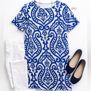 Blue & White Damask Print Short Sleeve Tunic Top | Women’s Plus Size 3X